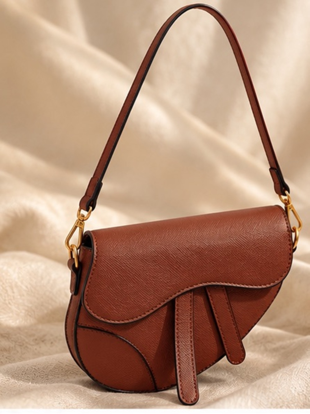 Designer Inspired Cognac Brown Saddle Shoulder Bag with Gold Tone Hardware